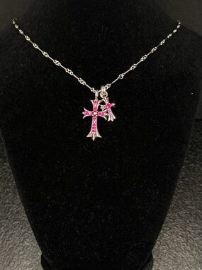 Chrome Hearts Pink Diamond Studded Double Floral Cross Unisex Necklace
